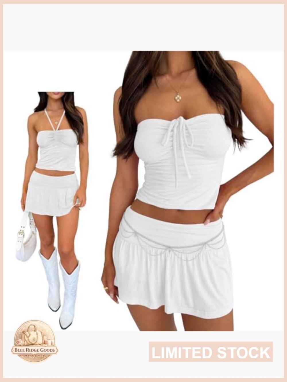 Y2K Two Piece Skirt Set Tie Ruched Tube Crop Top Low Rise Pleated Mini Skort - Picture 2 of 6